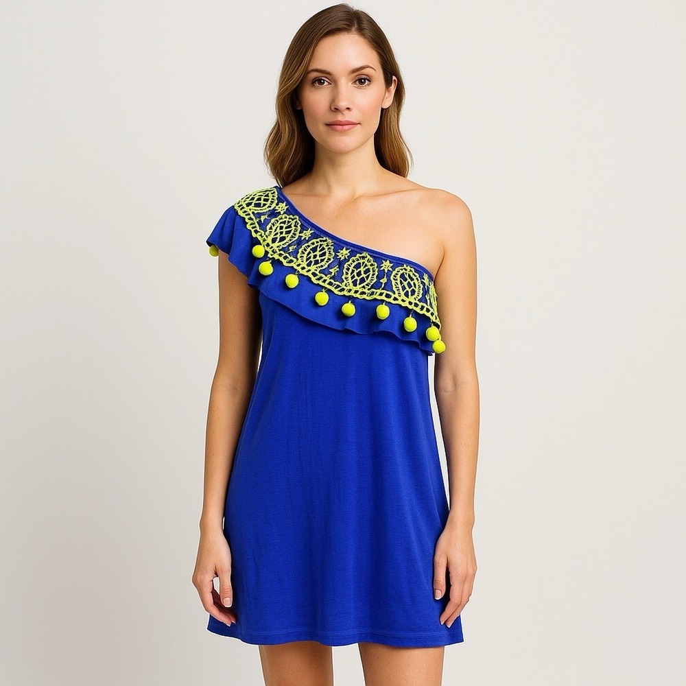 Lilly Pulitzer Idara One‎ Shoulder Ruffle Dress Blue Embroidered Pom Pom Women M